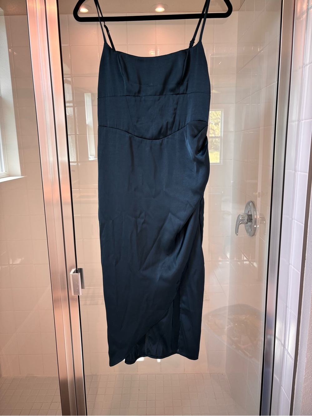Emerald green Satin Slip Midi Dress with Spaghetti Straps